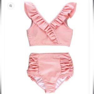 Ruffle Butts Pink Seersucker Tween Ruffle V-Neck Bikini Swim Set